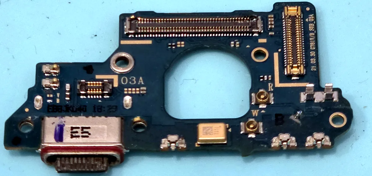 Damaged USB-C charging port board removed from a Samsung Galaxy S20 FE during a charging port repair in Coffs Harbour